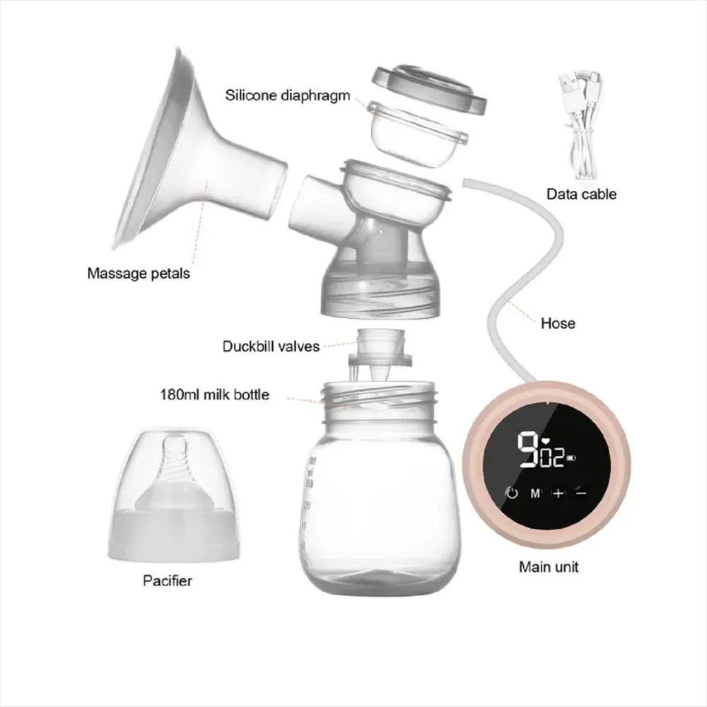 Componentes del extractor de leche eléctrico doble EmpiBy con pantalla LED, biberón de 180ml y accesorios de silicona.