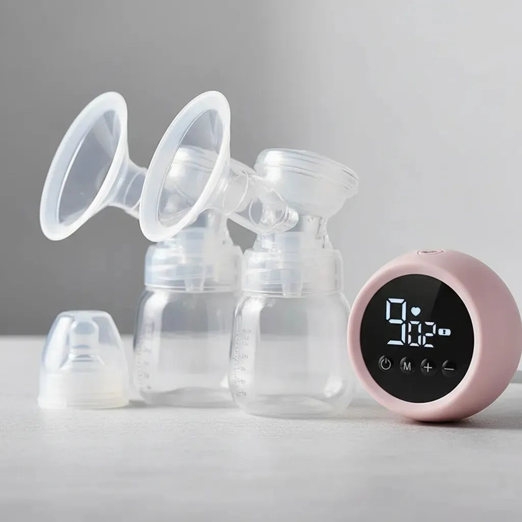 Extractor de leche eléctrico doble EmpiBy con pantalla LED rosa, biberones transparentes y copas de silicona.