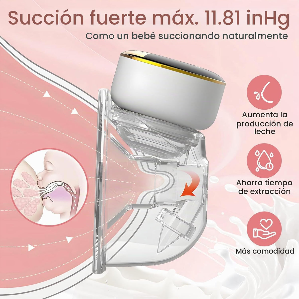 Extractor de leche eléctrico manos libres EmpiBy con diseño ergonómico transparente y motor blanco y dorado