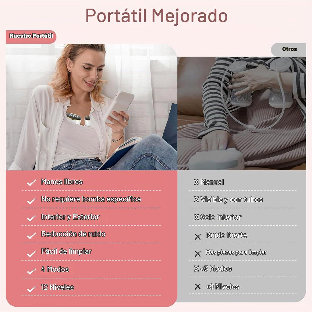 Mujer usando extractor de leche eléctrico manos libres EmpiBy mientras mira su móvil, diseño portátil y silencioso