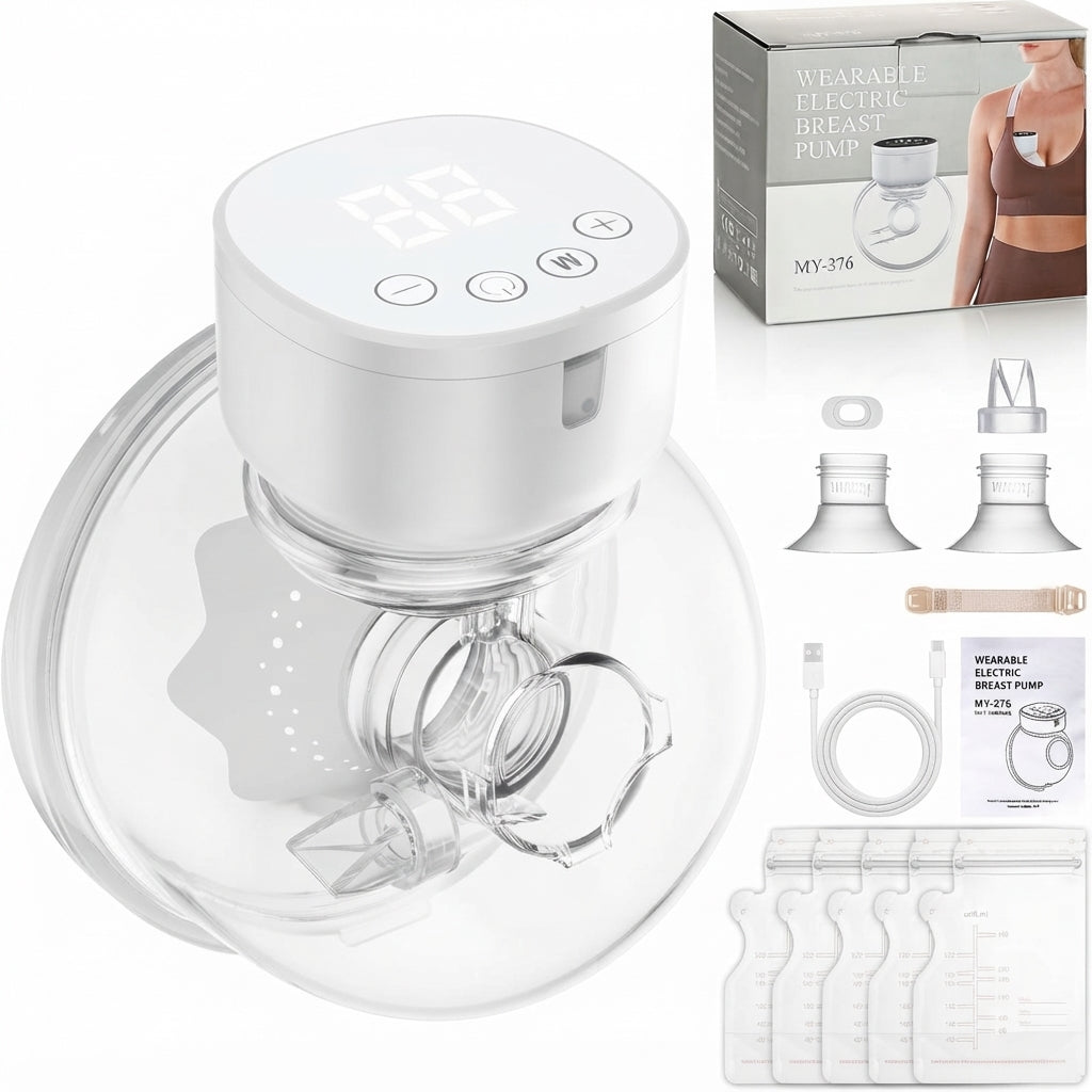 Extractor de leche eléctrico manos libres EmpiBy color blanco con pantalla LED, accesorios y bolsas de almacenamiento