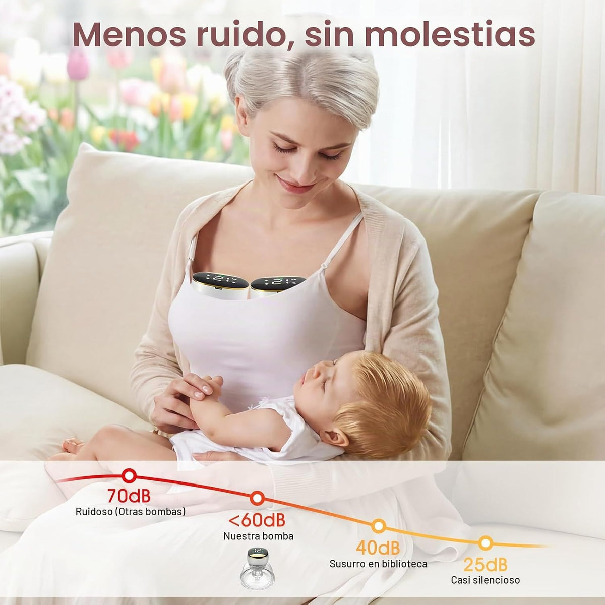Madre amamantando con extractor de leche eléctrico manos libres EmpiBy silencioso y portátil en un sofá