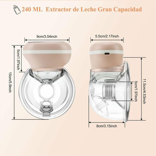 Extractor de leche eléctrico manos libres EmpiBy S11 con medidas técnicas y diseño compacto en color rosa