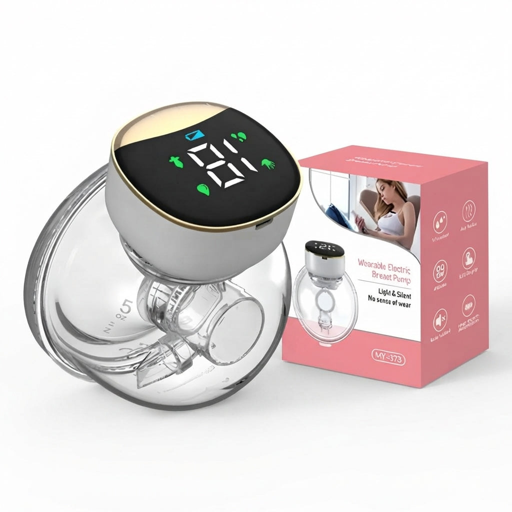 Extractor de leche eléctrico manos libres EmpiBy con pantalla digital, diseño portátil, silencioso y recargable.