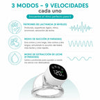 Extractor de leche eléctrico EmpiBy con pantalla digital, mostrando modos y niveles de succión ajustables.