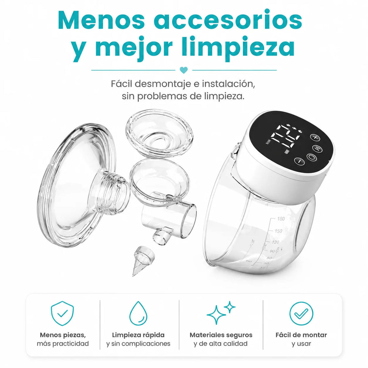 Extractor de leche eléctrico EmpiBy portátil y recargable con pantalla digital, diseño compacto y fácil de limpiar.