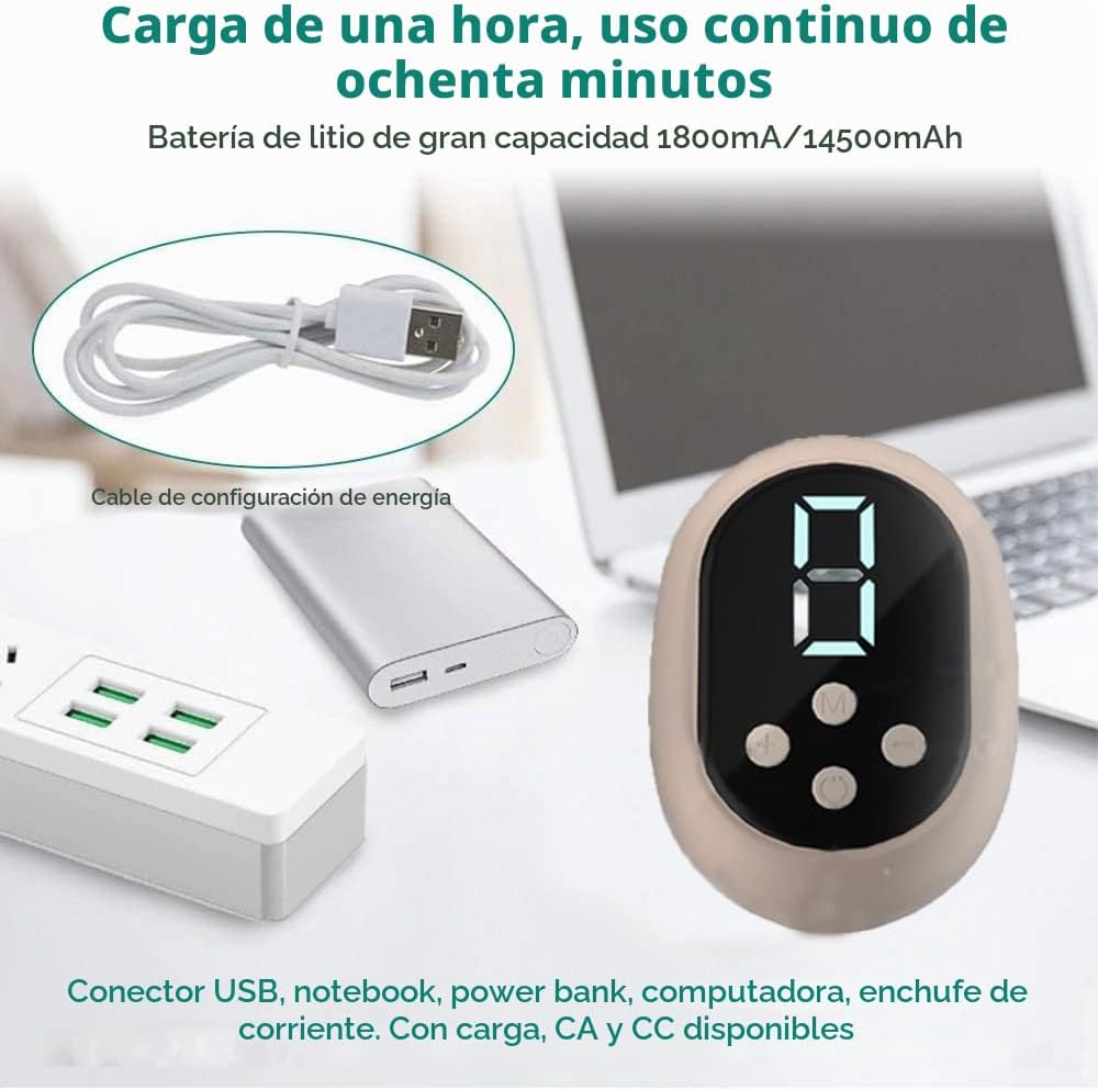 Extractor de leche eléctrico EmpiBy rosa con pantalla digital, cable USB y opciones de carga versátiles