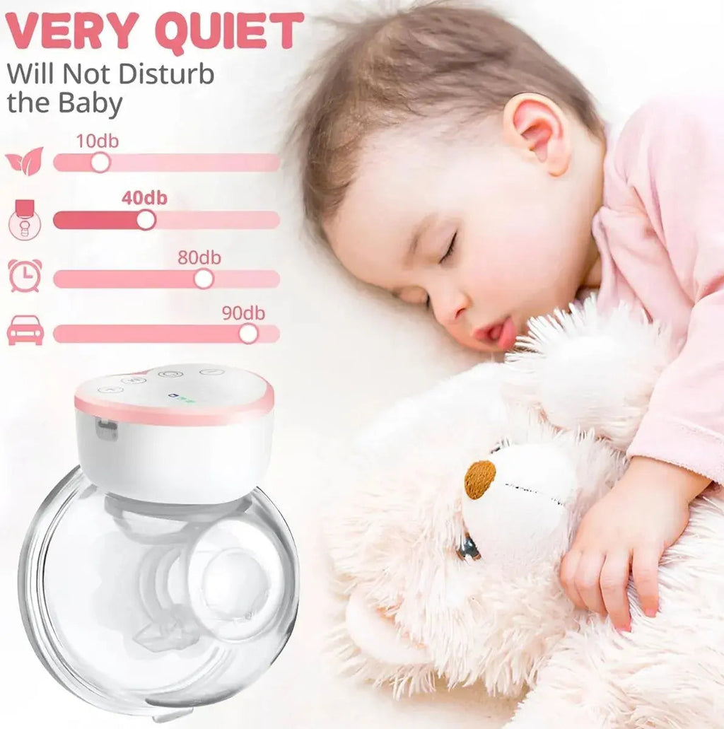 Extractor de leche manos libres EmpiBy portátil y silencioso junto a un bebé durmiendo con su peluche
