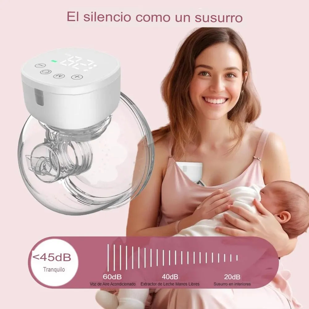 Extractor de leche EmpiBy manos libres, portátil y silencioso, con pantalla LED, usado por una madre con su bebé.