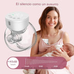 Extractor de leche EmpiBy manos libres, portátil y silencioso, con pantalla LED, usado por una madre con su bebé.