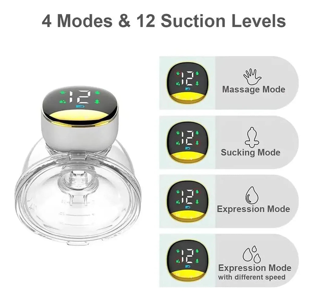 Extractor de leche EmpiBy manos libres con pantalla LED, mostrando 4 modos de succión y 12 niveles ajustables