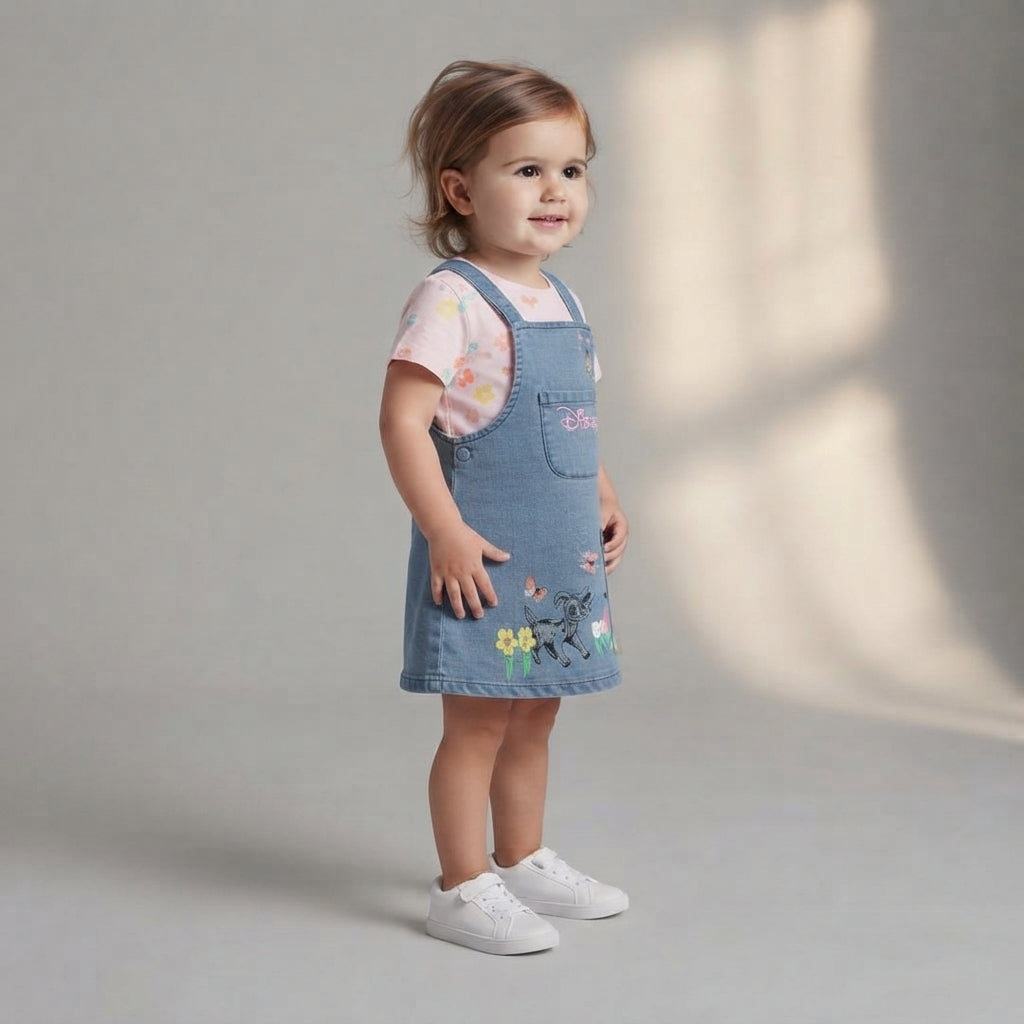 Niña pequeña con conjunto EmpiBy de vestido peto vaquero azul con bordado de Bambi y camiseta rosa con flores