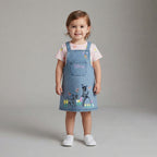 Niña pequeña vistiendo conjunto EmpiBy de overall de mezclilla azul con bordado de Bambi y blusa rosa con flores.