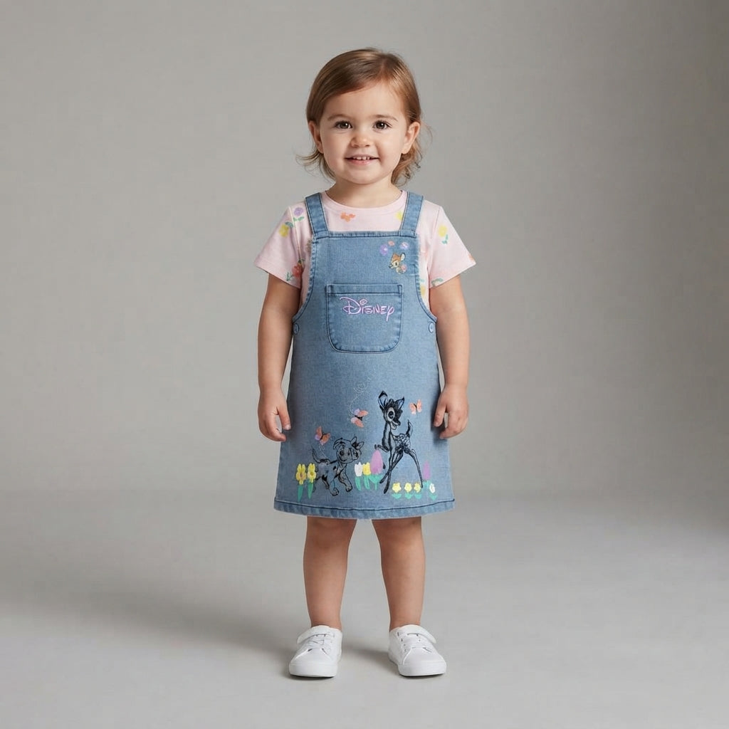 Niña pequeña vistiendo conjunto EmpiBy de overall de mezclilla azul con bordado de Bambi y blusa rosa con flores.