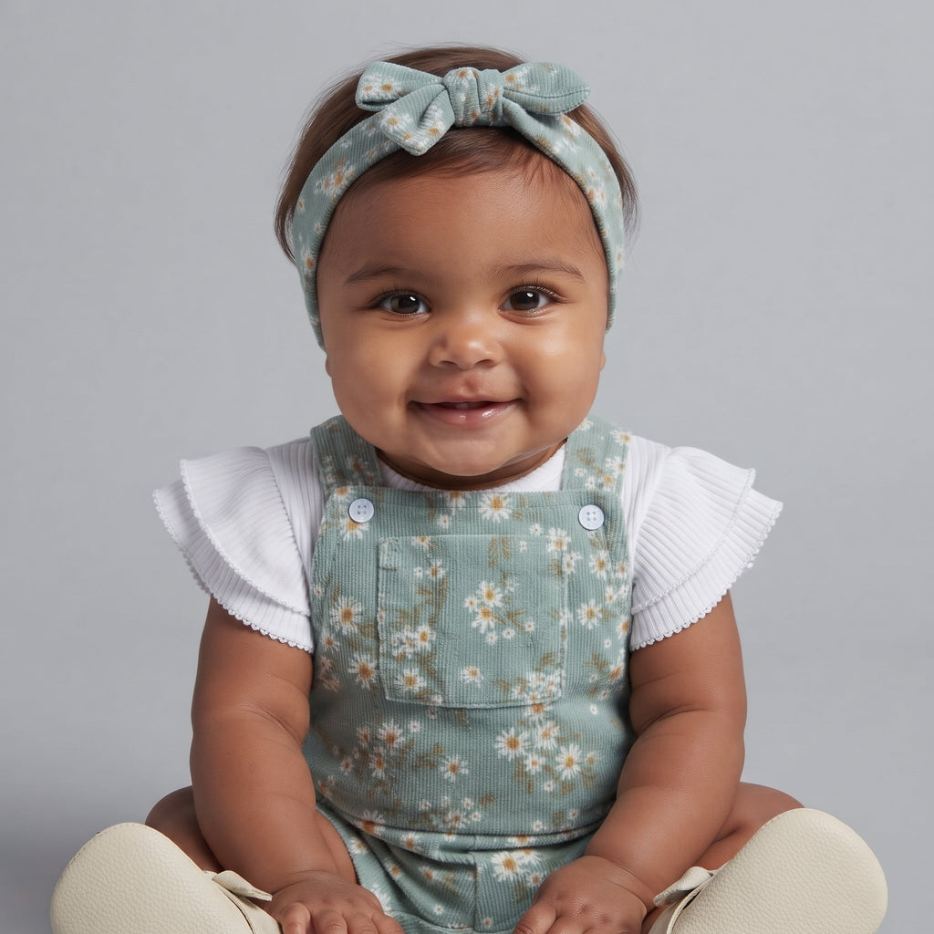 Bebé niña sonriente con overol verde menta estampado floral, camiseta blanca con volantes y diadema de EmpiBy