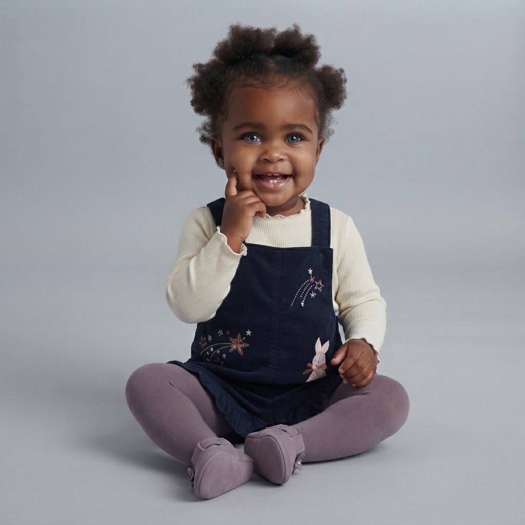Bebé niña sonriente vistiendo overol EmpiBy azul marino con bordado de conejito y camiseta de manga larga crema