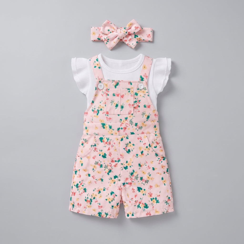 Conjunto EmpiBy de dos piezas para bebé con peto corto rosa estampado de flores y camiseta blanca con volantes
