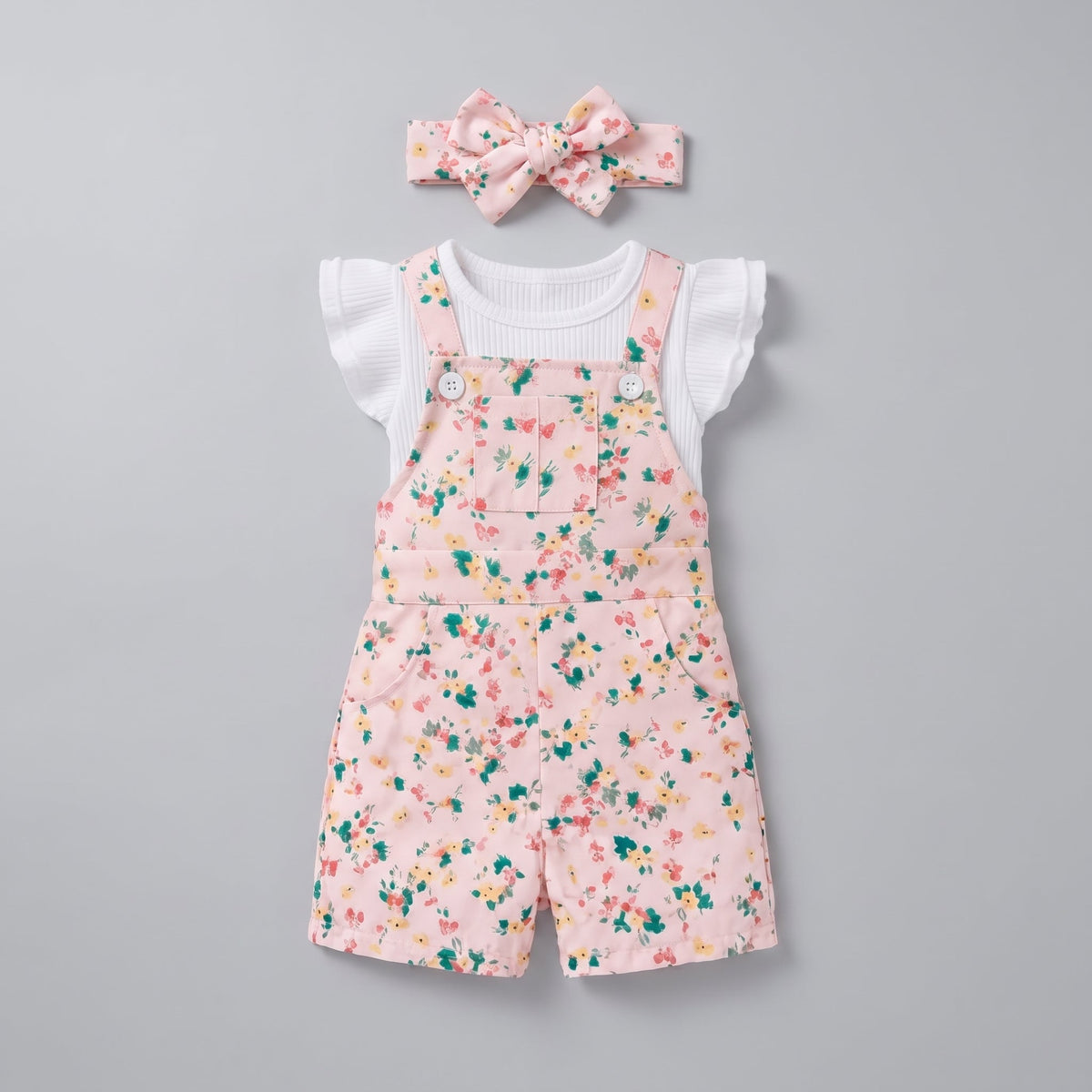 Conjunto EmpiBy de dos piezas para bebé con peto corto rosa estampado de flores y camiseta blanca con volantes