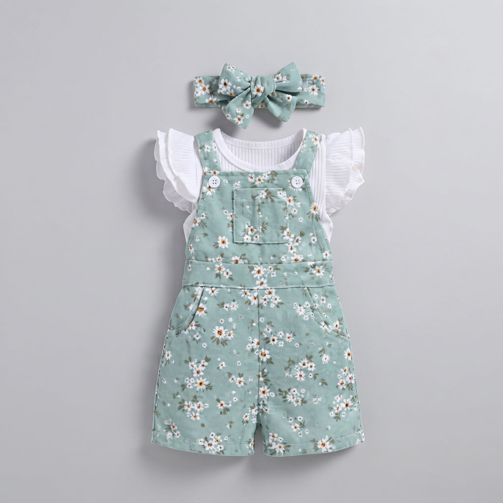 Conjunto EmpiBy de overol corto verde menta con flores, camiseta blanca con volantes y diadema de lazo para bebé niña
