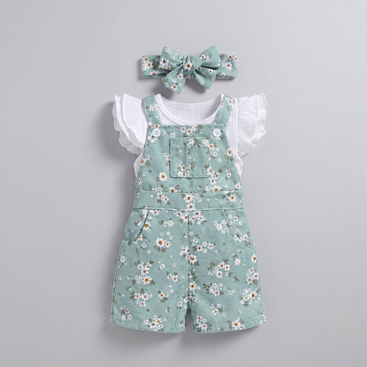 Conjunto EmpiBy de overol corto verde menta con flores, camiseta blanca con volantes y diadema de lazo para bebé niña