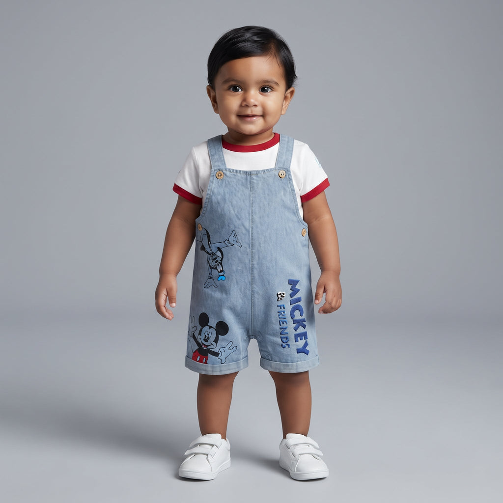 Bebé niño vistiendo conjunto EmpiBy de 2 piezas: overol de mezclilla con estampado de Mickey Mouse y camiseta blanca.