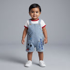 Bebé niño vistiendo conjunto EmpiBy de 2 piezas: overol de mezclilla con estampado de Mickey Mouse y camiseta blanca.