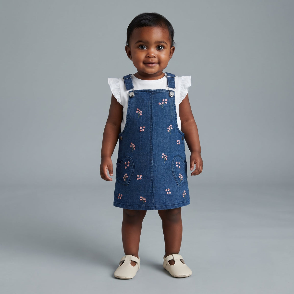 Bebé niña vistiendo un overol de mezclilla azul con bordados florales y camisa blanca con volados de EmpiBy