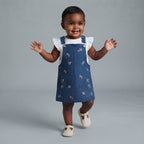 Bebé niña vistiendo EmpiBy overol de mezclilla azul con bordados florales y camisa blanca con volados
