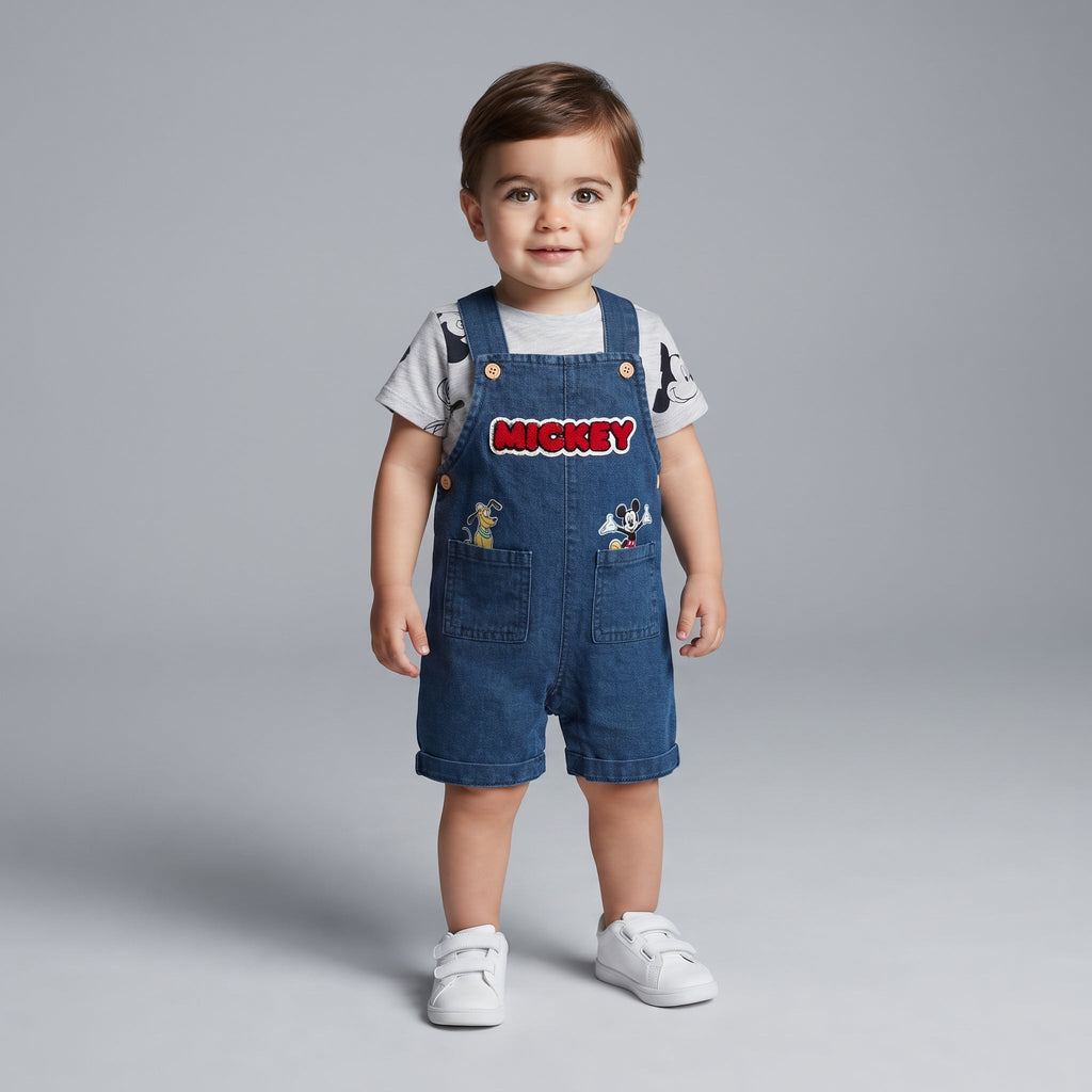 Conjunto EmpiBy de 2 piezas para bebé: overol de mezclilla oscuro con parches de Mickey y camiseta gris estampada.