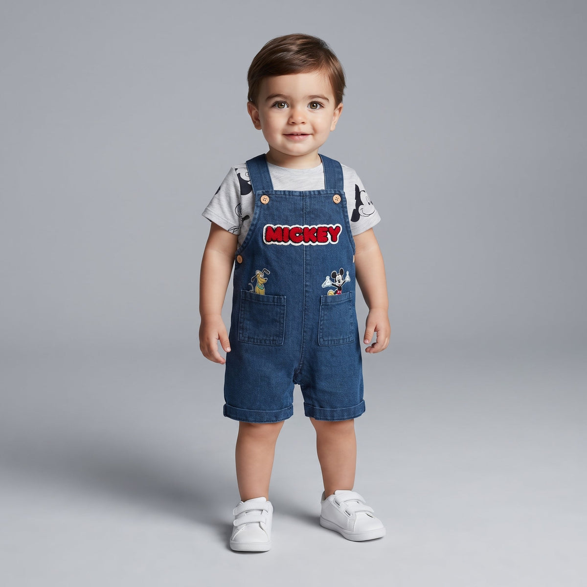 Conjunto EmpiBy de 2 piezas para bebé: overol de mezclilla oscuro con parches de Mickey y camiseta gris estampada.