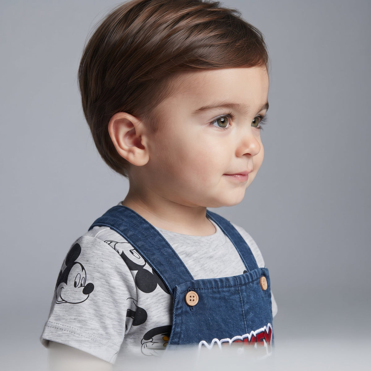 Niño pequeño con conjunto EmpiBy de overol de mezclilla oscuro y camiseta gris con estampado de Mickey Mouse