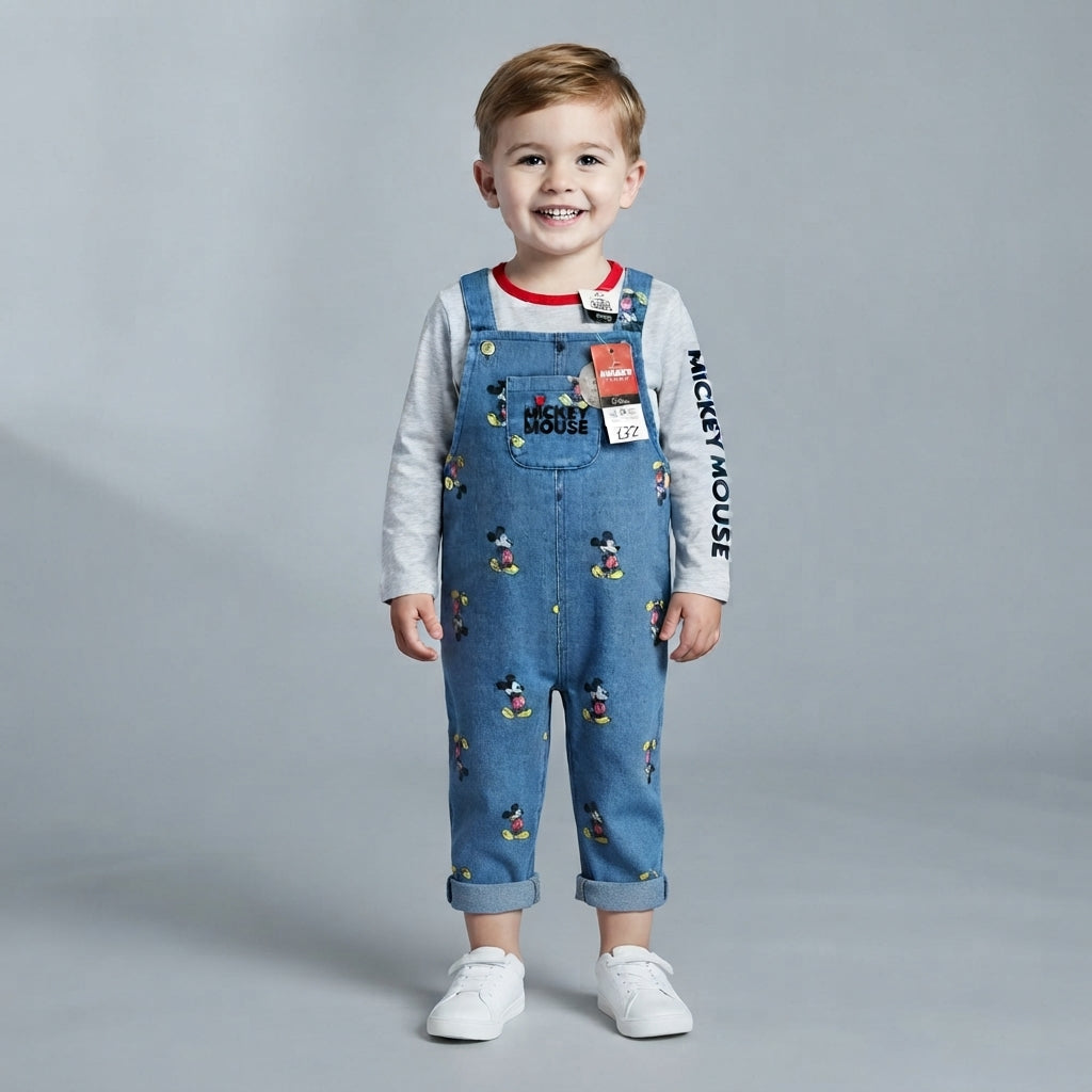 Niño sonriente vistiendo overol de mezclilla EmpiBy con estampado de Mickey Mouse y camiseta gris de manga larga
