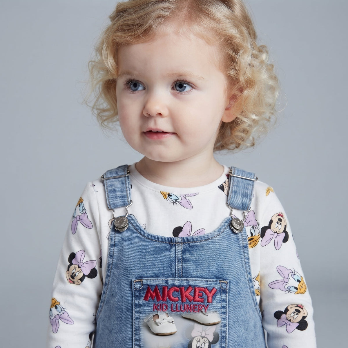 Conjunto EmpiBy de 2 piezas para bebé niña con overol de mezclilla y camiseta blanca estampada de Minnie Mouse