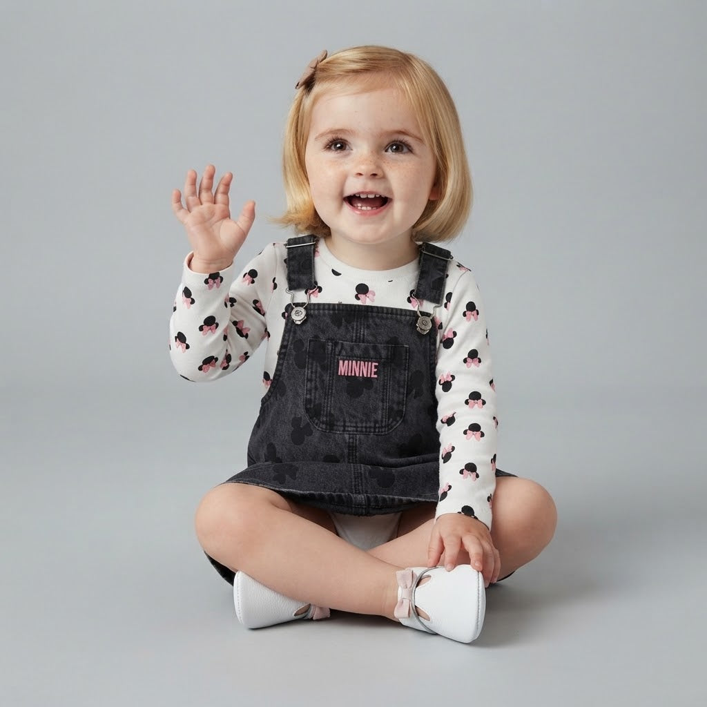 Bebé niña sonriendo con conjunto EmpiBy de overol de mezclilla oscuro Minnie Mouse y camiseta de manga larga