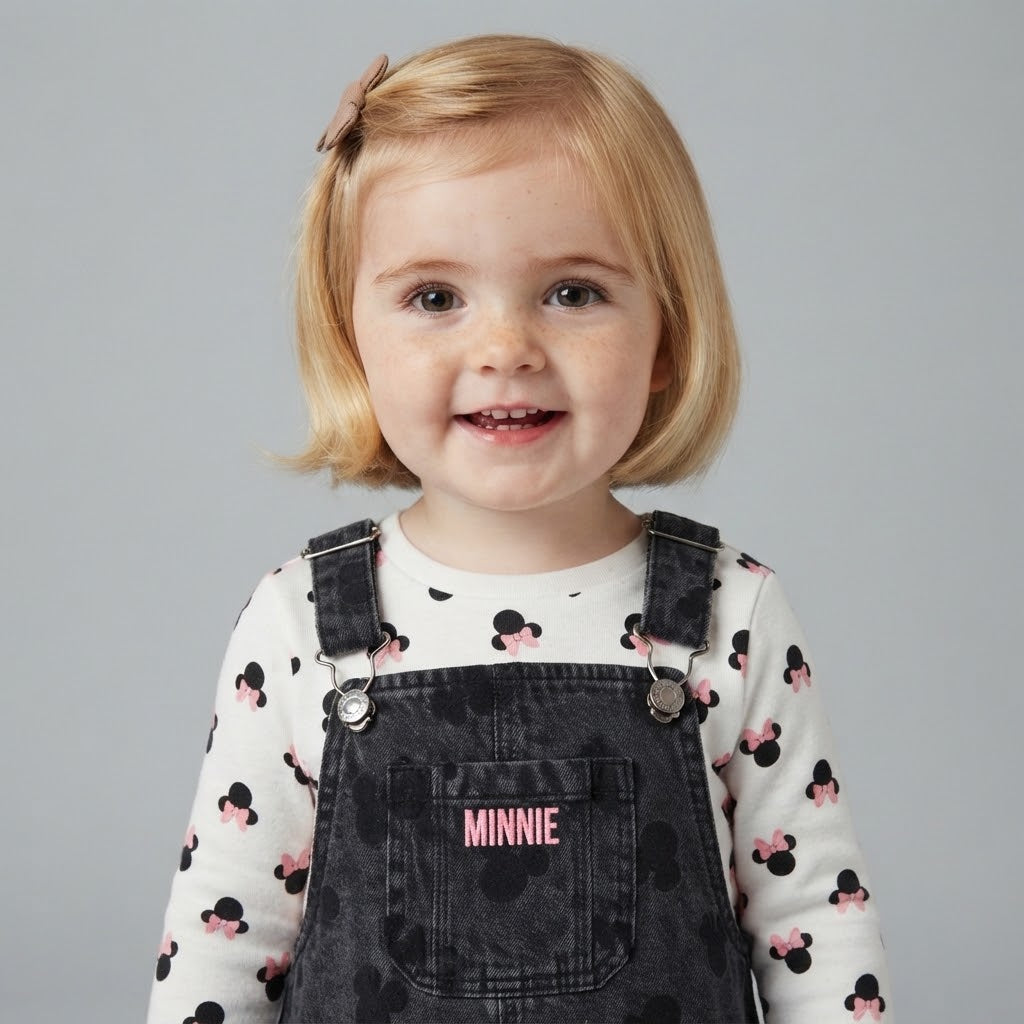 Niña pequeña con conjunto EmpiBy de overol de mezclilla oscuro y camiseta blanca con estampado de Minnie Mouse
