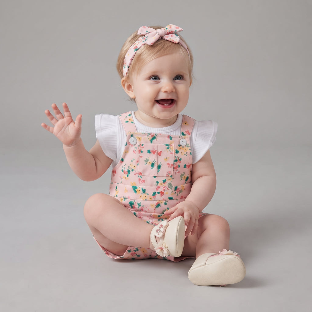 Bebé sonriente con conjunto EmpiBy de overol rosa estampado con flores, camiseta blanca con volantes y diadema con lazo