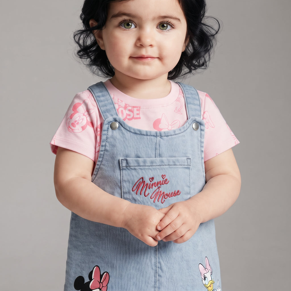 Niña pequeña con conjunto EmpiBy de jardinera de mezclilla con bordado de Minnie Mouse y camiseta rosa estampada.