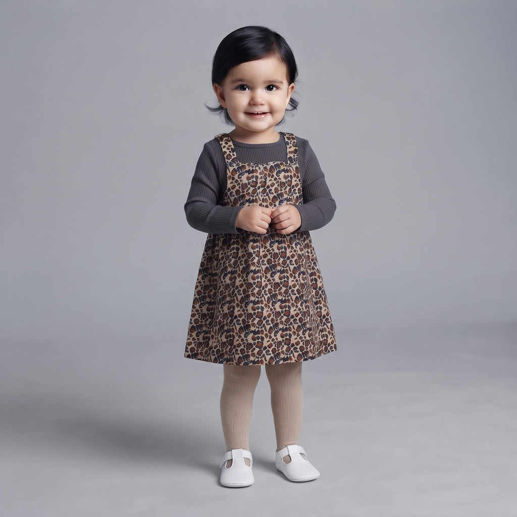 Niña pequeña con conjunto EmpiBy de vestido tipo peto estampado de leopardo, camiseta gris acanalada y medias beige.