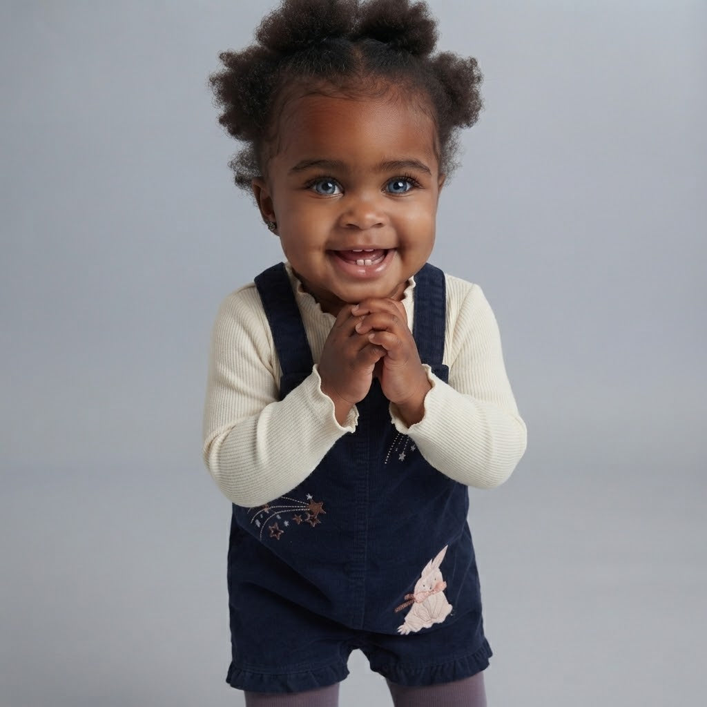 Bebé niña sonriente vistiendo overol EmpiBy azul marino de pana con bordado de conejito y camiseta de canalé crema