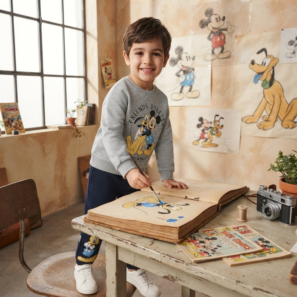 Niño con pantalón de chándal azul marino EmpiBy y gráfico de Mickey Mouse, pintando en un libro en un estudio artístico.
