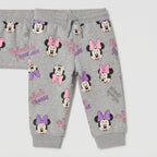 Pantalones infantiles EmpiBy de color gris con estampado de Minnie Mouse y lazos rosas y morados