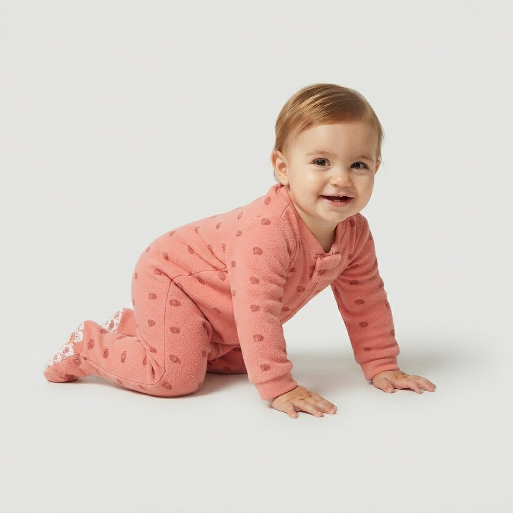 Bebé gateando con pijama enterizo acolchado rosa de EmpiBy con estampado delicado, tela térmica y pies antideslizantes