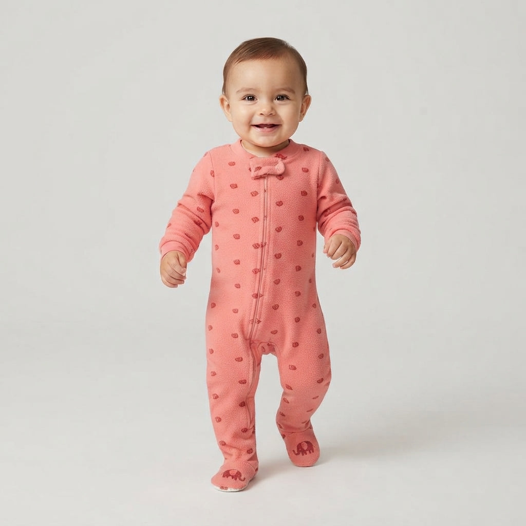 Bebé sonriente vistiendo pijama enterizo acolchado rosa con estampado de EmpiBy, tela térmica y cierre frontal