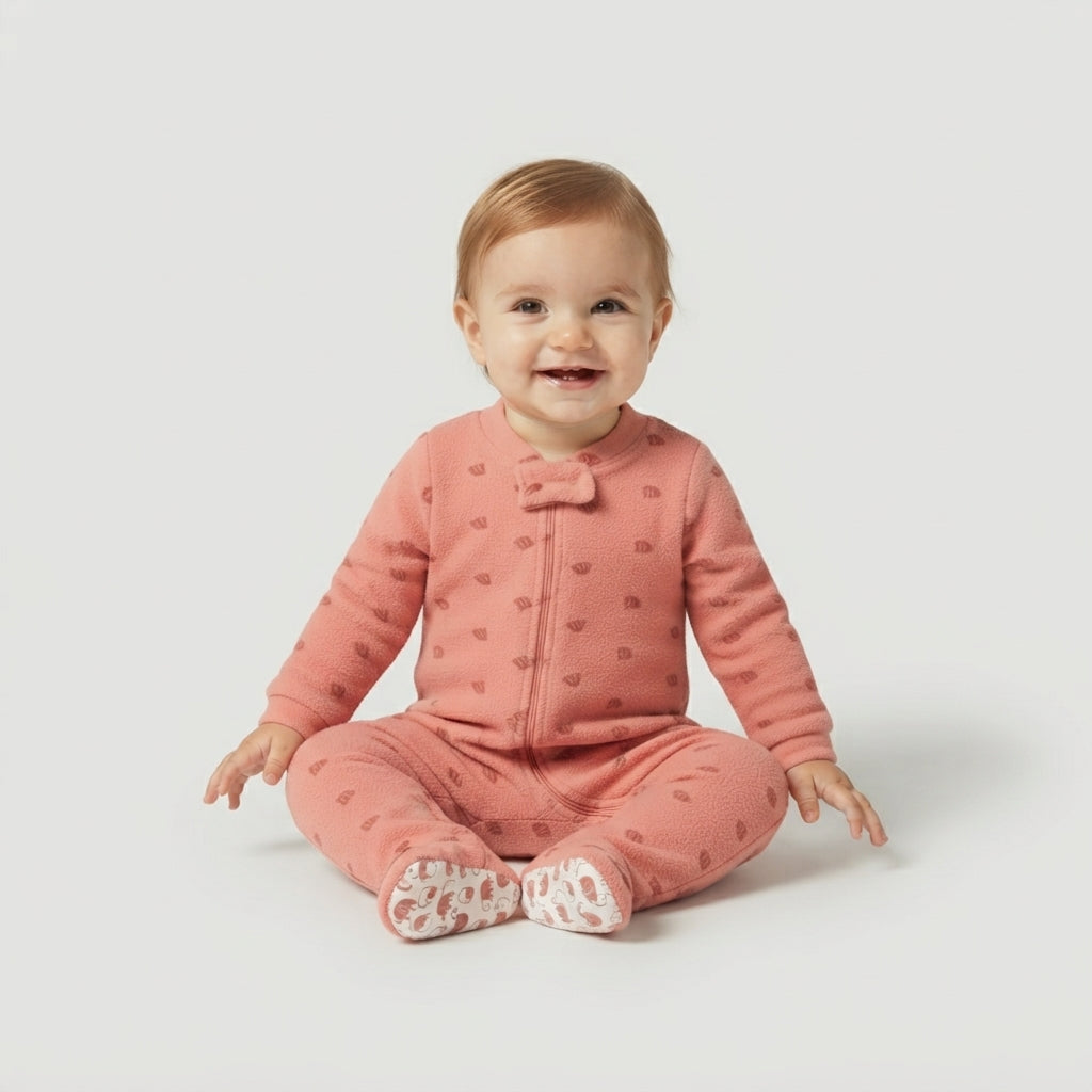 Bebé sonriente vistiendo un pijama enterizo acolchado EmpiBy color rosa con estampado delicado y pies antideslizantes