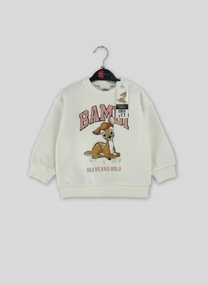 Sudadera EmpiBy de color crema con estampado de Bambi, letras universitarias y frase Brave and Bold en tono rosa