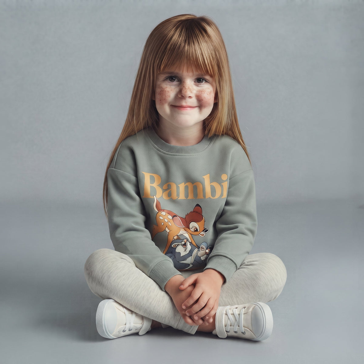 Niña sentada con conjunto EmpiBy de dos piezas: sudadera verde salvia con estampado de Bambi y pantalón jogger gris.