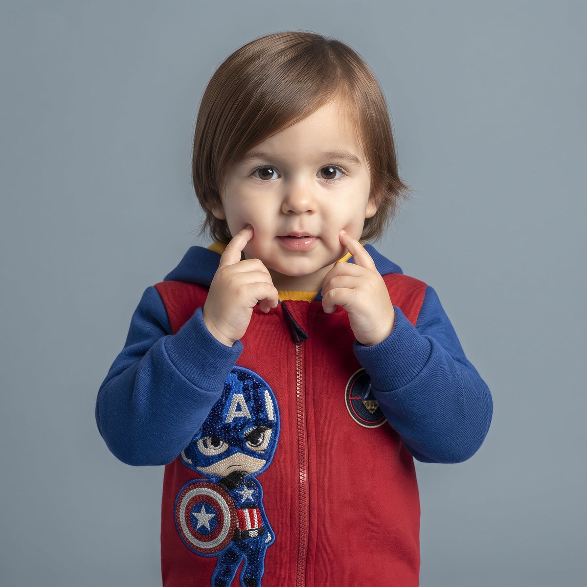 Bebé con sudadera EmpiBy de Capitán América, roja y azul con cremallera, escudo estampado y capucha, estilo heroico.