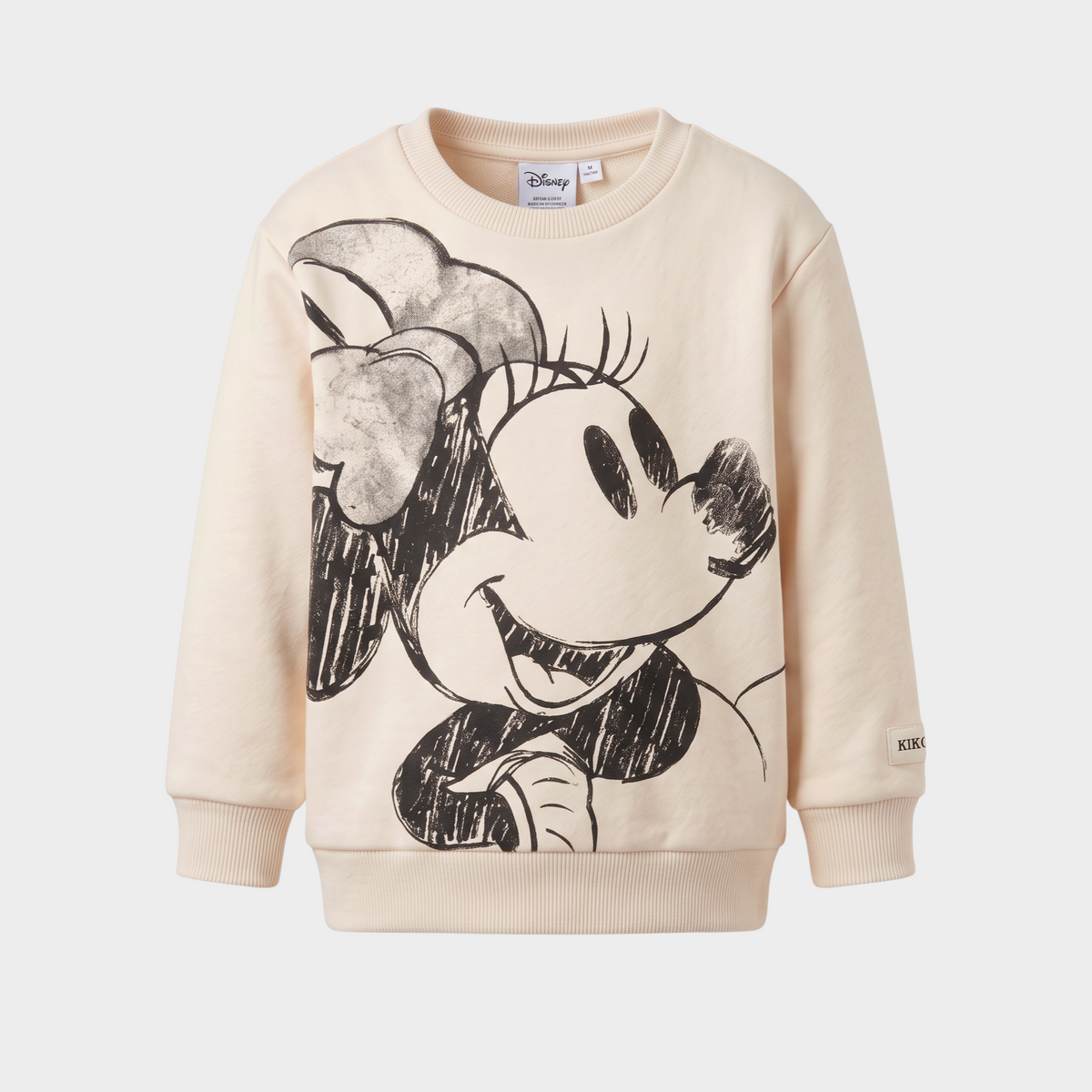 Sudadera EmpiBy de color crema con estampado artístico de Minnie Mouse en negro, cuello redondo y estilo casual