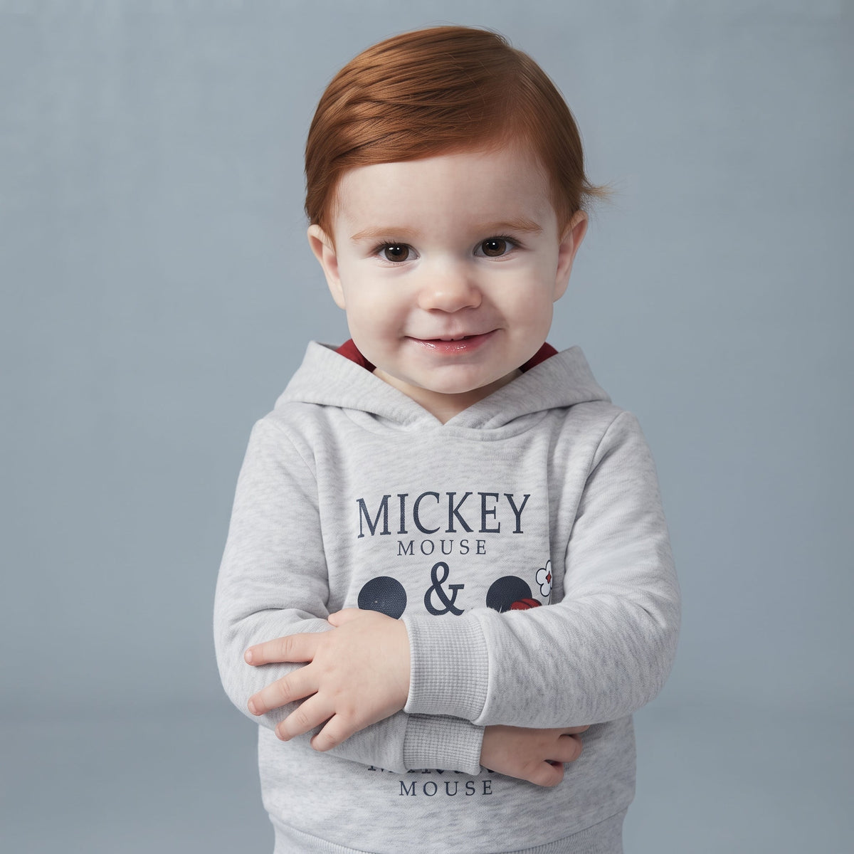 Bebé con sudadera gris con capucha de Mickey & Minnie Mouse de EmpiBy, diseño con orejas y estampado frontal