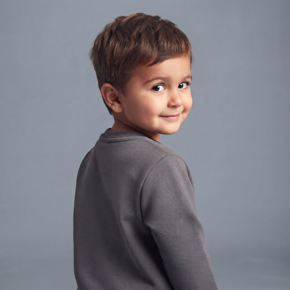 Niño sonriente vistiendo sudadera gris de EmpiBy con diseño de Mickey Mouse, estilo casual y cómodo.